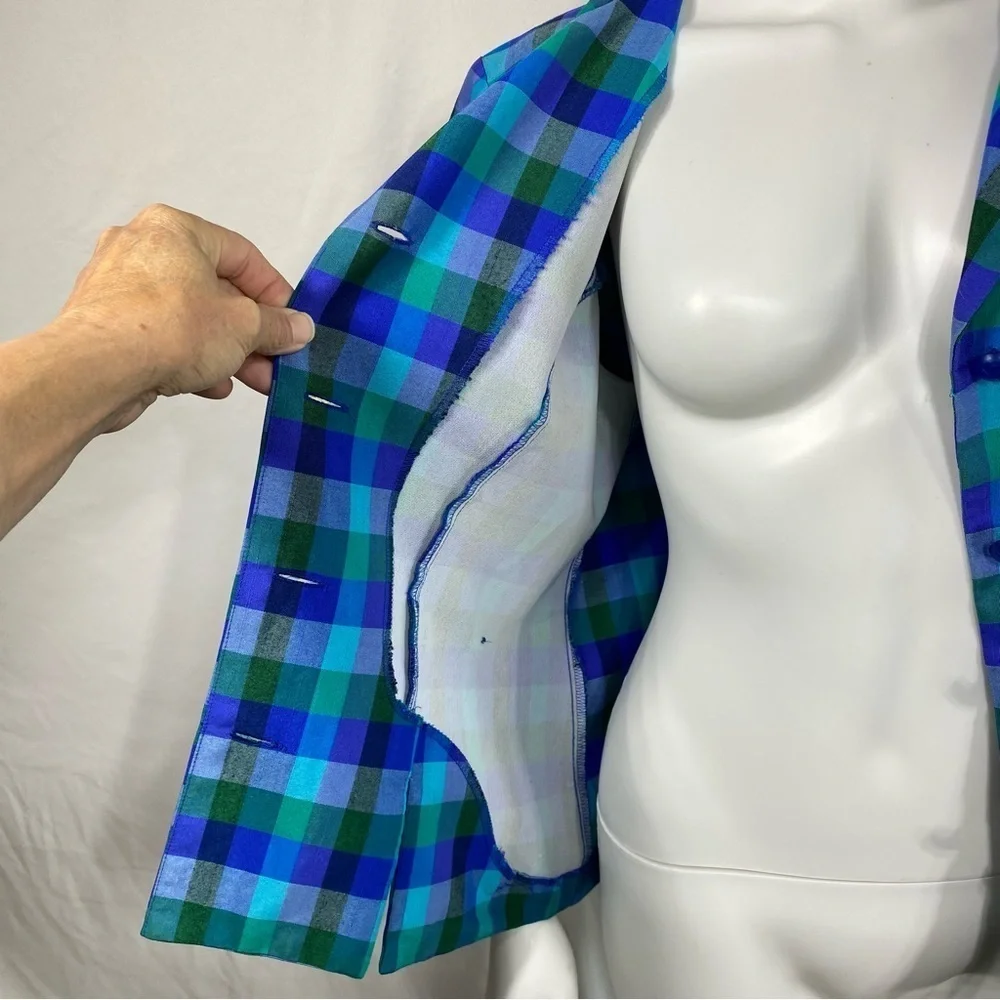 Sag Harbor Blue & Green Plaid Button Down Short Sleeve Blazer
